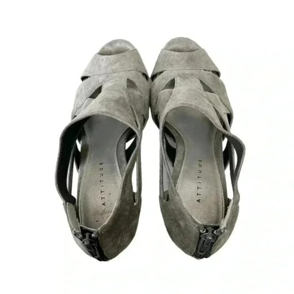 Attitude Strappy Chunky Platform Heels Caged Open Toe Shoe Y2K Faux Suede Grey 7 - Picture 6 of 15